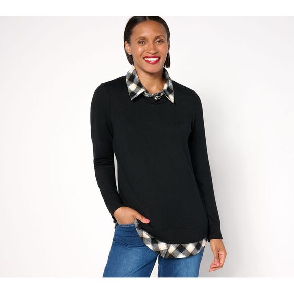 Denim & Co. Women's Top Plus Sz 3X Heavenly Jersey SolidPlaid Long Black A673723 - Picture 1 of 4